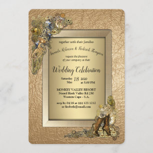 Gothic - Steampunk Wedding On gold leather Invitation
