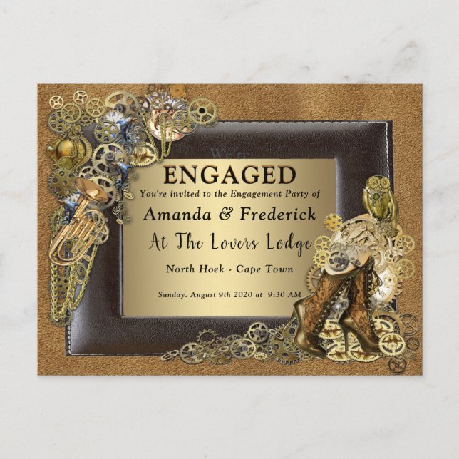 Gothic - Steampunk Wedding On Suede Engagement Invitation Postcard (Front)