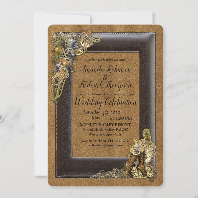 Gothic  - Steampunk Wedding On Suede Invitation (Front)