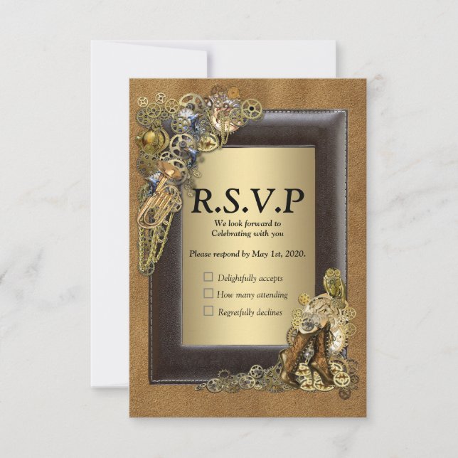 Gothic  - Steampunk Wedding On Suede RSVP Card (Front)