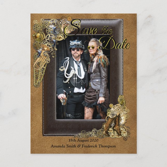 Gothic - Steampunk Wedding On Suede Save the Date Announcement Postcard (Front)