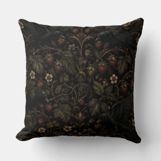 Gothic Strawberry Thieves – Dark Botanical Raven P Throw Pillow