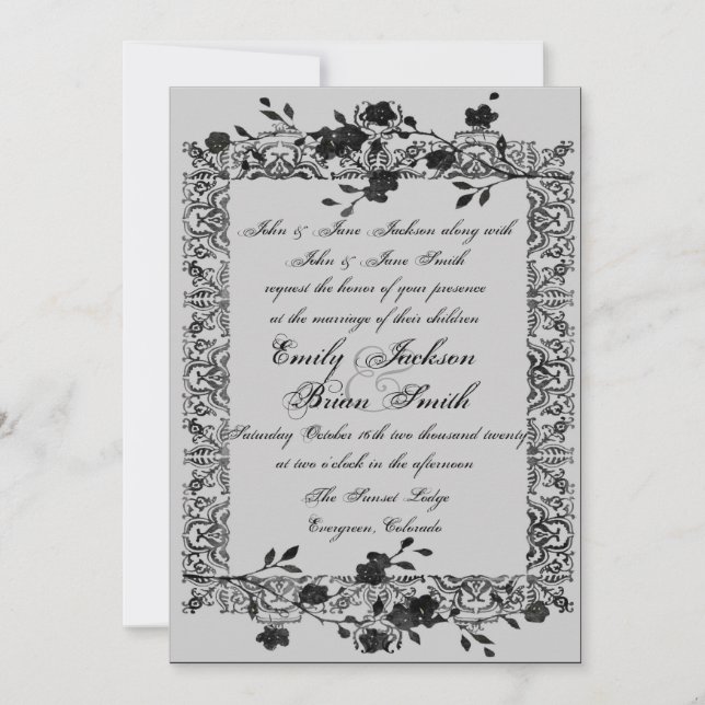Gothic style black gray rose wedding invitations (Front)