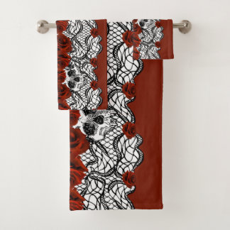 Gothic style,black lace,skulls and red roses bath towel set