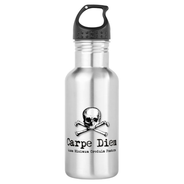Gothic Style Carpe Diem Skull and Crossbones Water Bottle (Front)