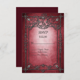 Gothic Style Dark Burgundy Silver Frame Wedding RSVP Card