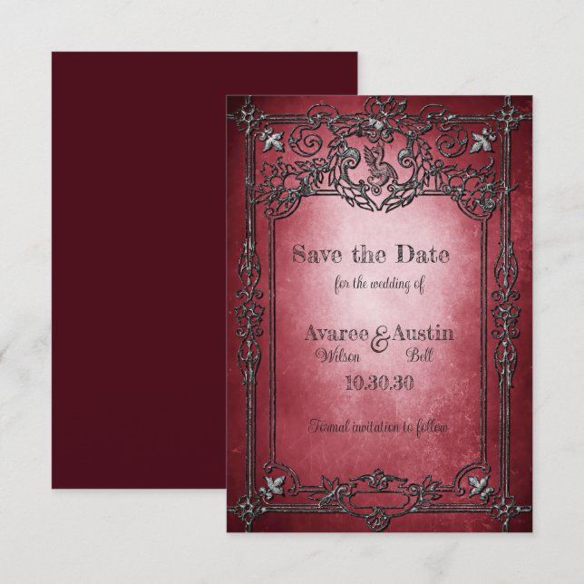 Gothic Style Dark Burgundy Silver Frame Wedding Save The Date (Front/Back)