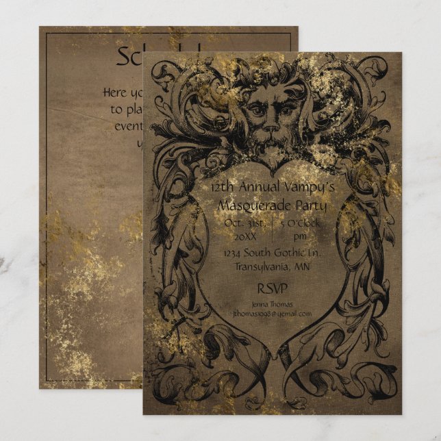 Gothic Style Gold Foil Halloween Party Invitation (Front/Back)