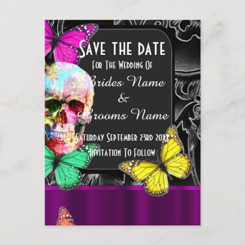Gothic sugar skull and black save the date announcement postcard