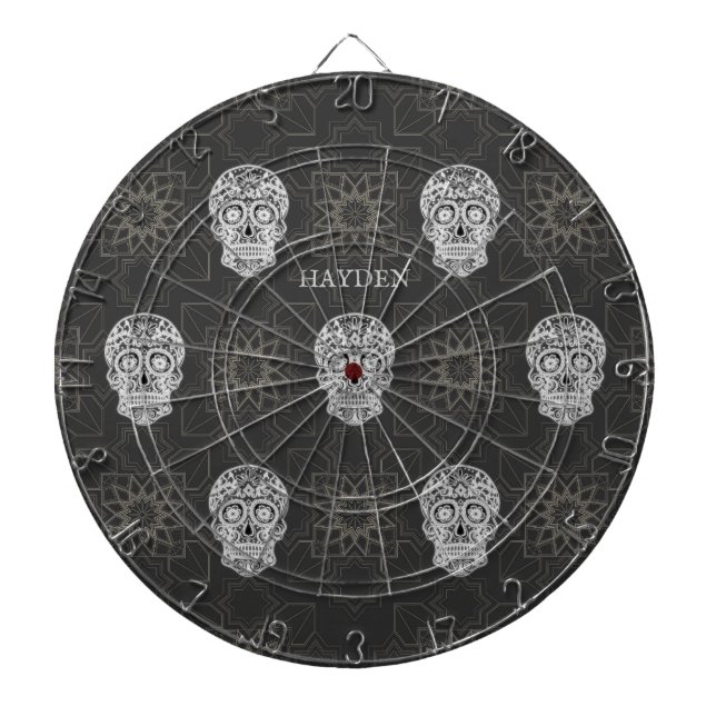 Gothic Sugar Skull and Grey Geometric Pattern Dart Board (Front)