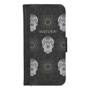 Gothic Sugar Skull and Grey Geometric Pattern iPhone 8/7 Wallet Case