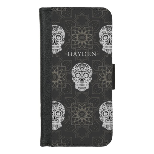 Gothic Sugar Skull and Grey Geometric Pattern iPhone Wallet Case (Front)