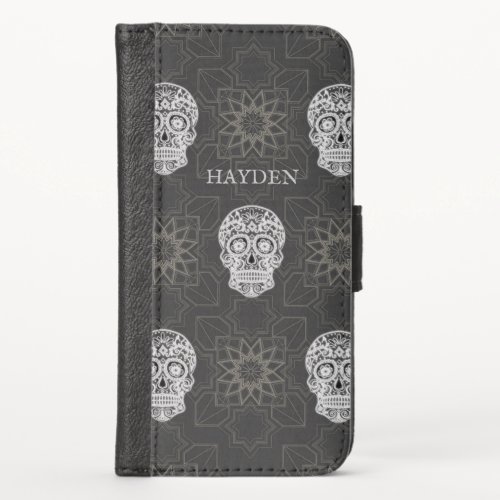 Gothic Sugar Skull and Grey Geometric Pattern iPhone X Wallet Case
