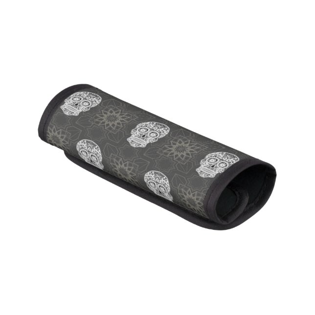 Gothic Sugar Skull and Grey Geometric Pattern Luggage Handle Wrap (Angled)