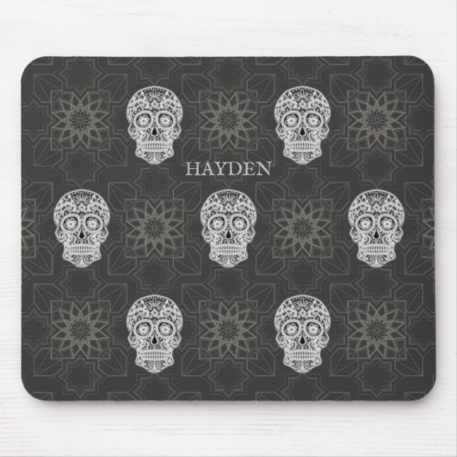 Gothic Sugar Skull and Grey Geometric Pattern Mouse Pad (Front)