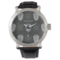 Gothic Sugar Skull and Grey Geometric Pattern Watch