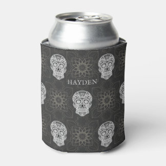 Gothic Sugar Skull and Grey Geometric Personalised Can Cooler