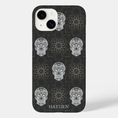 Gothic Sugar Skull and Grey Geometric Personalised Case_Mate iPhone 14 Case