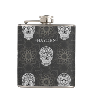 Gothic Sugar Skull and Grey Geometric Personalised Flask