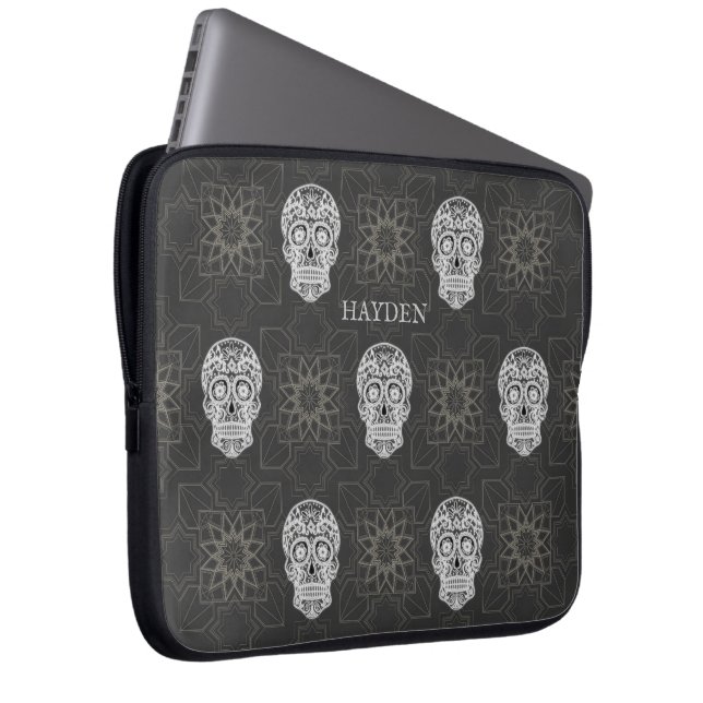 Gothic Sugar Skull and Grey Geometric Personalised Laptop Sleeve (Front Right)