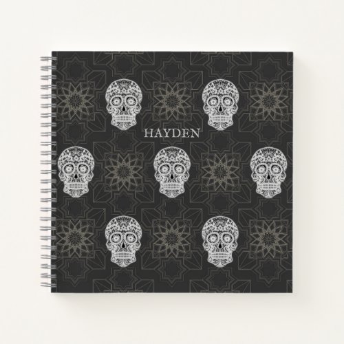 Gothic Sugar Skull and Grey Geometric Personalised Notebook