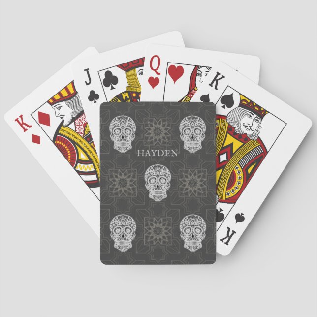 Gothic Sugar Skull and Grey Geometric Personalised Poker Cards (Back)