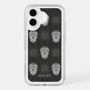 Gothic Sugar Skull and Grey Geometric Personalised iPhone 16 Case