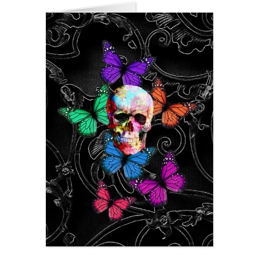 Fantasy skull and colored butterflies card | Zazzle