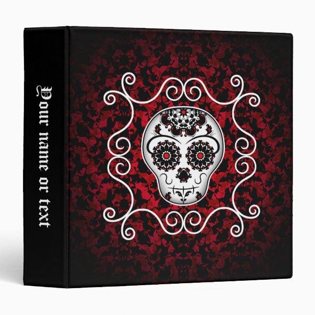 Gothic sugar skull red abstract damask chic 3 ring binder (Front/Spine)