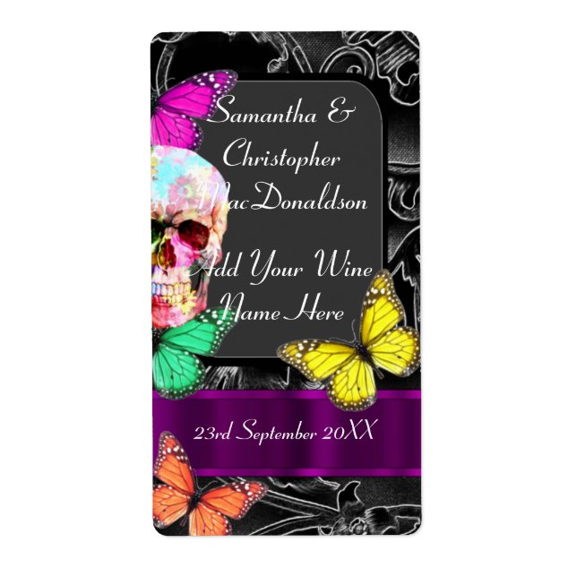 Gothic sugar skull wedding wine bottle label (Front)