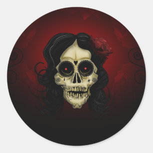 Gothic Sugar Skull Woman Red Rose Day of the Dead  Classic Round Sticker