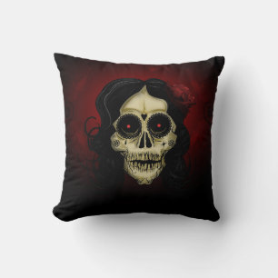 Gothic Sugar Skull Woman Red Rose Day of the Dead Throw Pillow