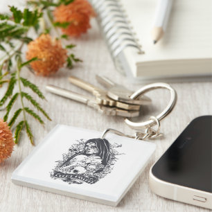 Gothic Sugar Skull Woman Tattoo Art Keychain