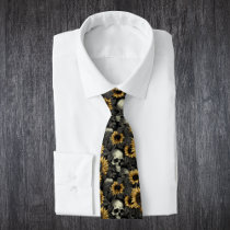 Gothic Sunflower Skull Pattern Neck Tie