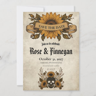 Gothic Sunflower Skull Save the Date Fall Vintage