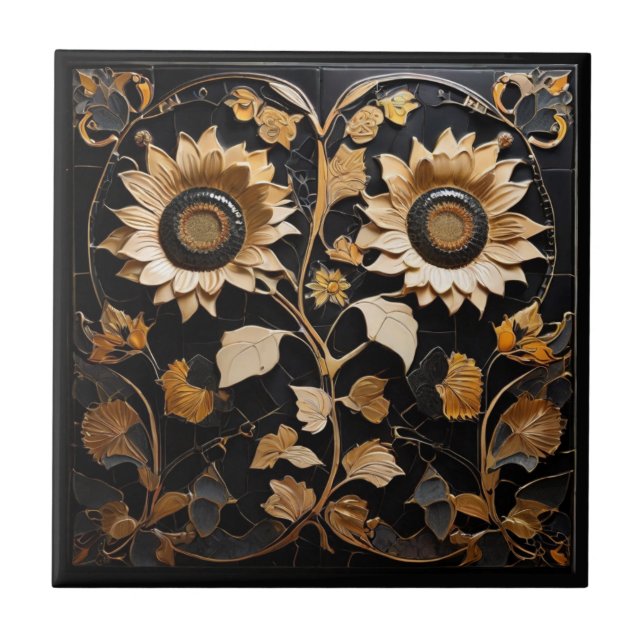 Gothic Sunflowers - Gold Black Faux Relief Flower Ceramic Tile (Front)