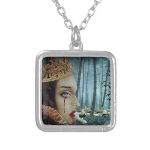 Gothic Surreal Unique Collage of Sad Queen of Hear Silver Plated Necklace