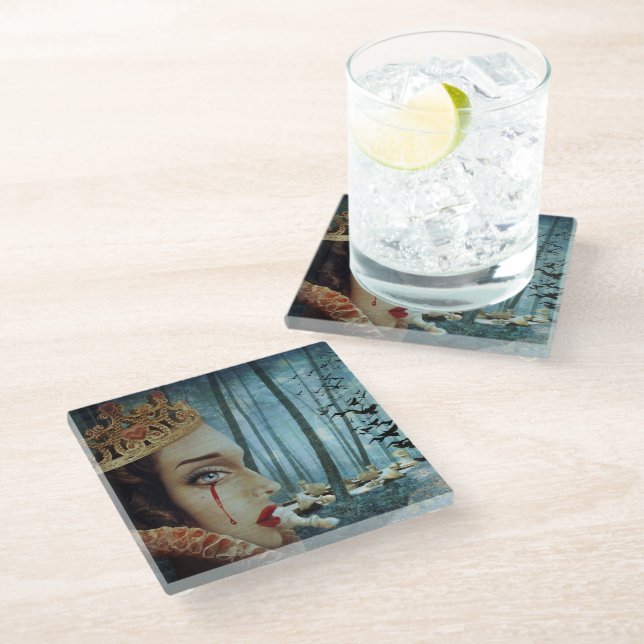 Gothic Surreal Unique Collage Sad Queen of Hearts Glass Coaster (Angled)