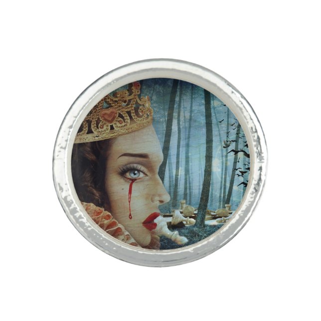 Gothic Surreal Unique Collage Sad Queen of Hearts Ring (Front)