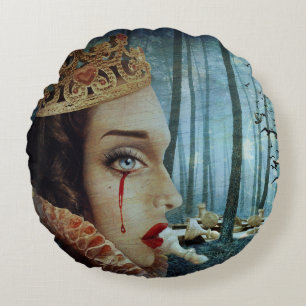 Gothic Surreal Unique Collage Sad Queen of Hearts Round Pillow