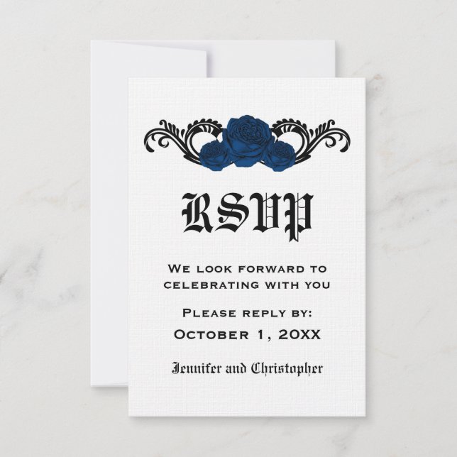Gothic Swirl Roses Response Card, Blue Invitation (Front)