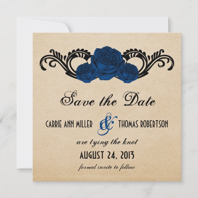 Gothic Swirl Roses Save the Date Invite, Blue (Front)