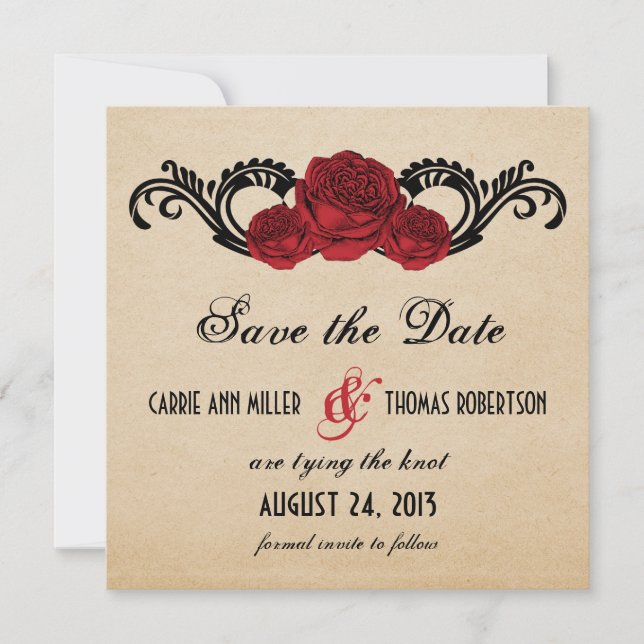 Gothic Swirl Roses Save the Date Invite, Red (Front)