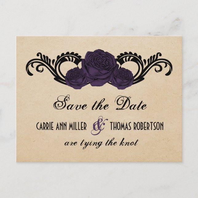 Gothic Swirl Roses Save the Date Postcard, Purple Announcement Postcard (Front)