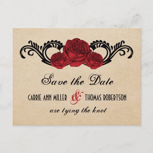 Gothic Swirl Roses Save the Date Postcard Red Announcement Postcard