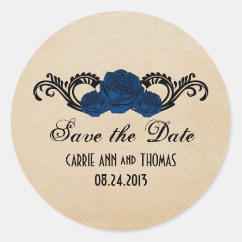 Gothic Swirl Roses Save the Date Stickers Blue Classic Round Sticker