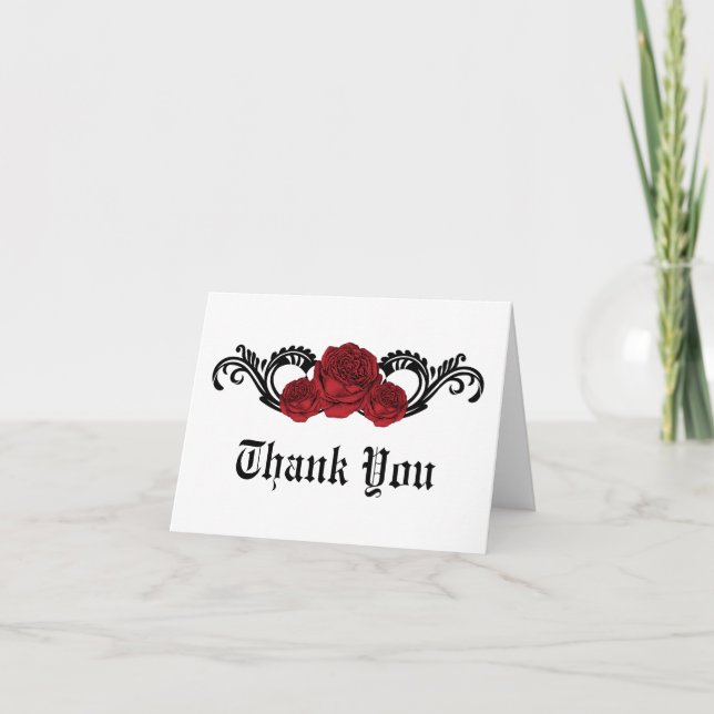 Gothic Swirl Roses Thank You Card, Red Card (Front)