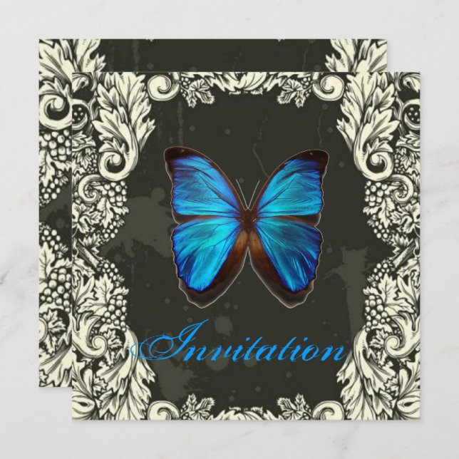 Gothic Swirls Blue Butterfly steampunk Wedding Invitation (Front/Back)