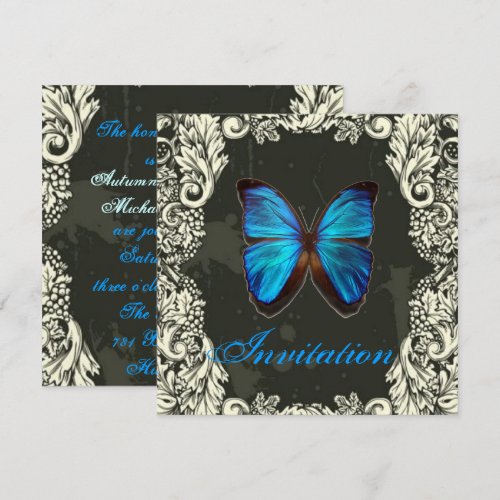 Luxury Blue Butterfly Vintage Wedding Invitation