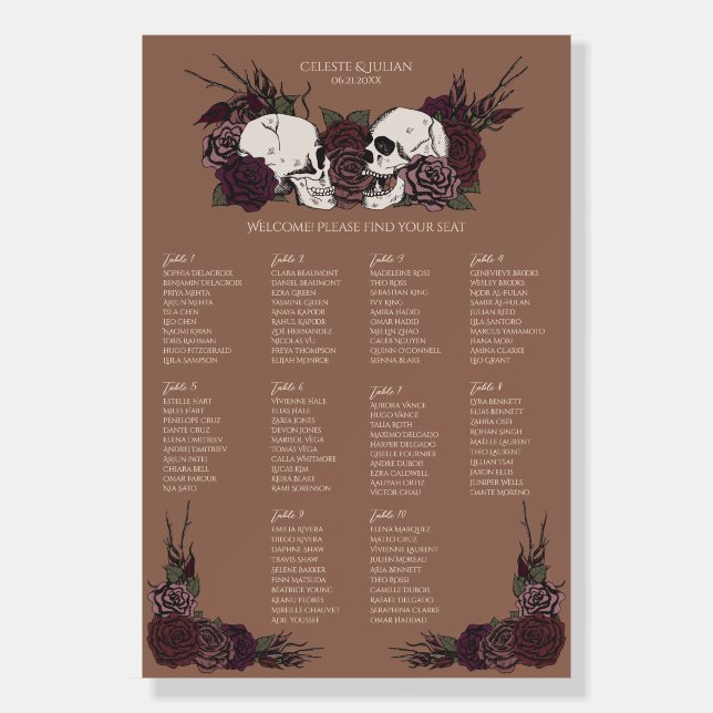 Gothic Tan Brown Floral Skull Seating Chart Foam Board (Front)